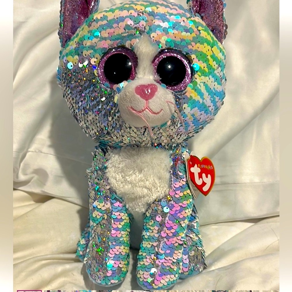Ty Multicolor Sequin Stuffed Cat with pink eyes